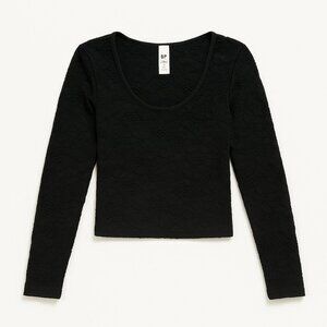 BP. Floral Textured Lace Fitted Long Sleeve Cropped Top Black XS/S